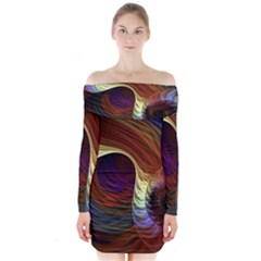 Fractal Colorful Rainbow Flowing Long Sleeve Off Shoulder Dress by Celenk