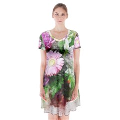 Flowers Roses Bouquet Art Nature Short Sleeve V-neck Flare Dress by Celenk