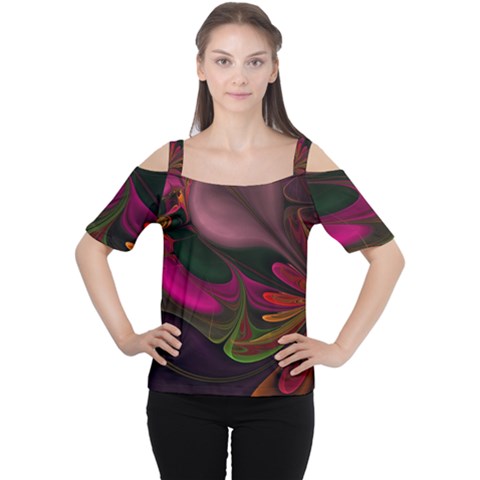 Fractal Abstract Colorful Floral Cutout Shoulder Tee by Celenk