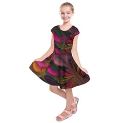 Fractal Abstract Colorful Floral Kids  Short Sleeve Dress by Celenk