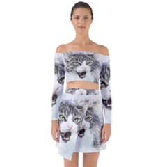 Cat Pet Art Abstract Watercolor Off Shoulder Top With Skirt Set by Celenk