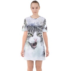 Cat Pet Art Abstract Watercolor Sixties Short Sleeve Mini Dress by Celenk