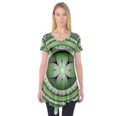 Fractal Mandala Green Purple Short Sleeve Tunic  by Celenk