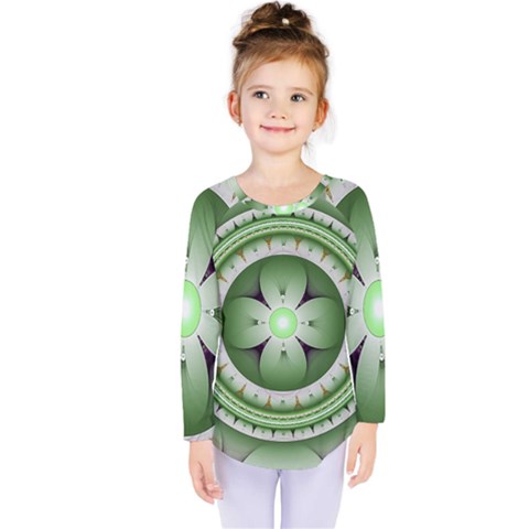 Fractal Mandala Green Purple Kids  Long Sleeve Tee by Celenk