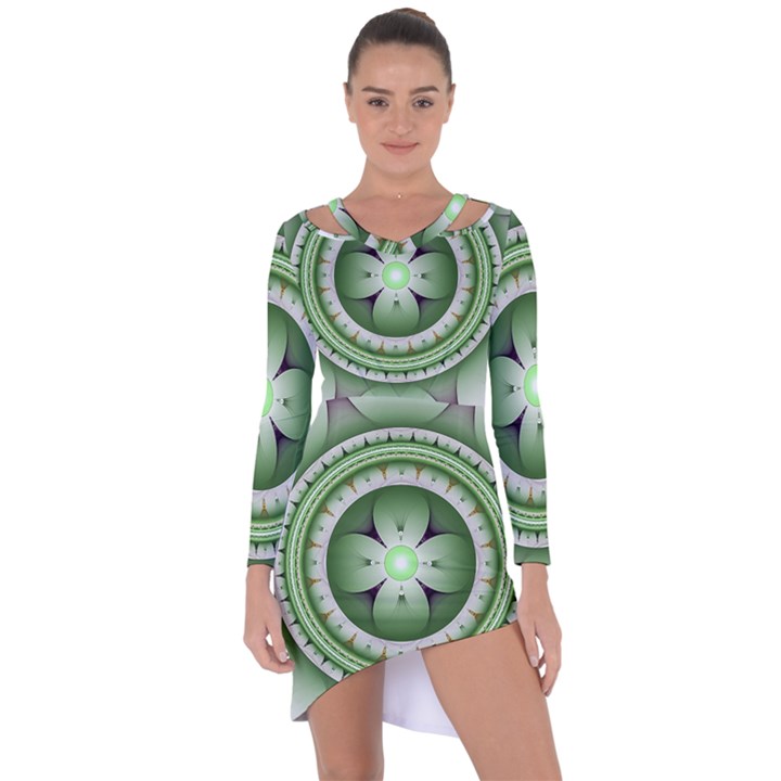 Fractal Mandala Green Purple Asymmetric Cut-Out Shift Dress