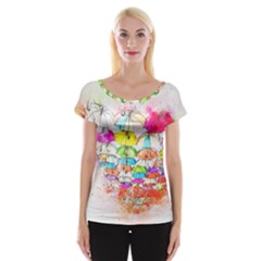 Umbrella Art Abstract Watercolor Cap Sleeve Tops by Celenk