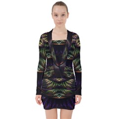 Fractal Colorful Pattern Fantasy V-neck Bodycon Long Sleeve Dress by Celenk