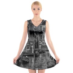 Venice Italy Gondola Boat Canal V-Neck Sleeveless Skater Dress