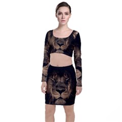 African Lion Mane Close Eyes Long Sleeve Crop Top & Bodycon Skirt Set by Celenk