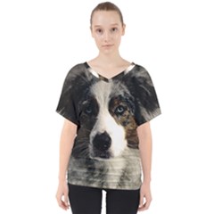 Dog Pet Art Abstract Vintage V-neck Dolman Drape Top by Celenk