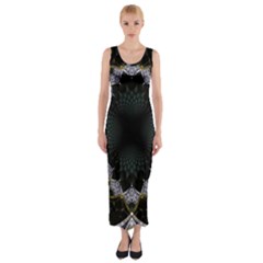 Fractal Aqua Silver Pattern Fitted Maxi Dress by Celenk