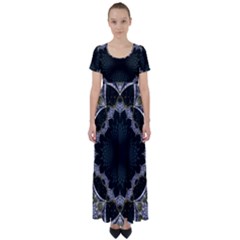 Fractal Aqua Silver Pattern High Waist Short Sleeve Maxi Dress by Celenk