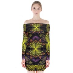 Fractal Multi Color Geometry Long Sleeve Off Shoulder Dress by Celenk