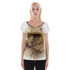 Lion Cub Close Cute Eyes Lookout Cap Sleeve Tops by Celenk