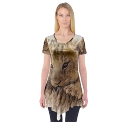 Lion Cub Close Cute Eyes Lookout Short Sleeve Tunic  by Celenk