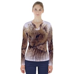 Lion Cub Close Cute Eyes Lookout V-neck Long Sleeve Top by Celenk