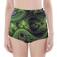 Fractal Green Gears Fantasy High-waisted Bikini Bottoms by Celenk