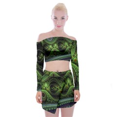 Fractal Green Gears Fantasy Off Shoulder Top With Mini Skirt Set by Celenk