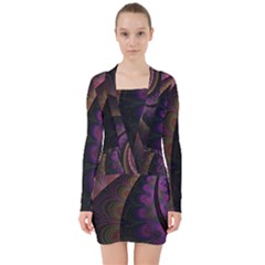 Fractal Colorful Pattern Spiral V-neck Bodycon Long Sleeve Dress by Celenk