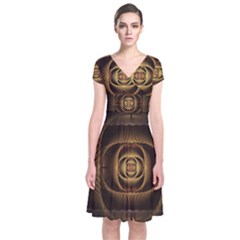 Fractal Copper Amber Abstract Short Sleeve Front Wrap Dress by Celenk