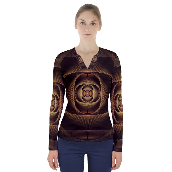 Fractal Copper Amber Abstract V-Neck Long Sleeve Top