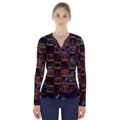 Kaleidoscope Pattern Abstract Art V-neck Long Sleeve Top by Celenk