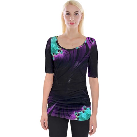 Fractals Spirals Black Colorful Wide Neckline Tee by Celenk