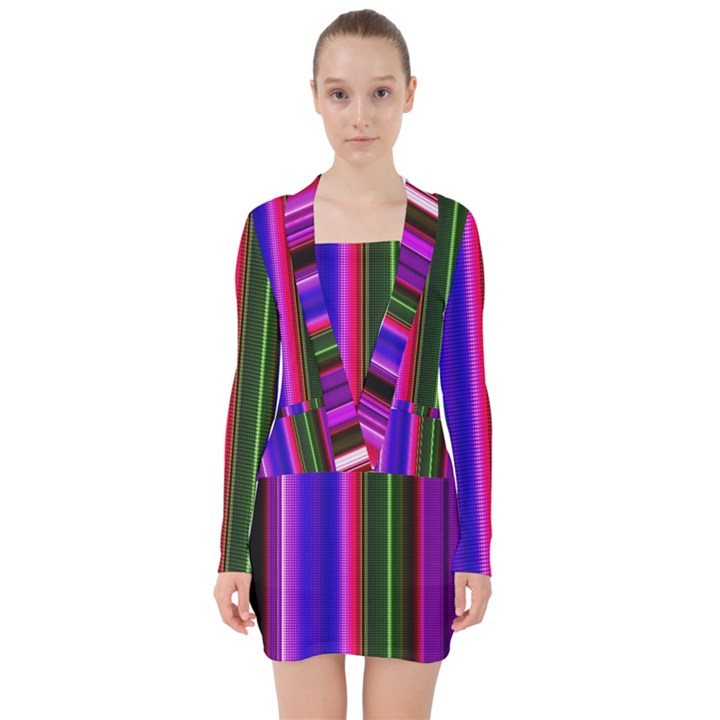 Abstract Background Pattern Textile 4 V-neck Bodycon Long Sleeve Dress