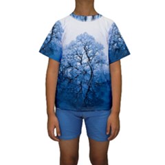 Nature Inspiration Trees Blue Kids  Short Sleeve Swimwear by Celenk