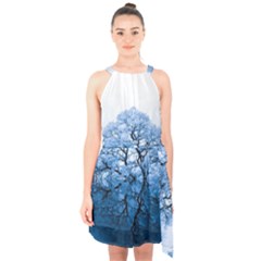 Nature Inspiration Trees Blue Halter Collar Waist Tie Chiffon Dress by Celenk