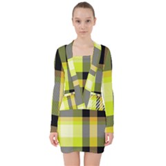 Tartan Abstract Background Pattern Textile 5 V-neck Bodycon Long Sleeve Dress by Celenk