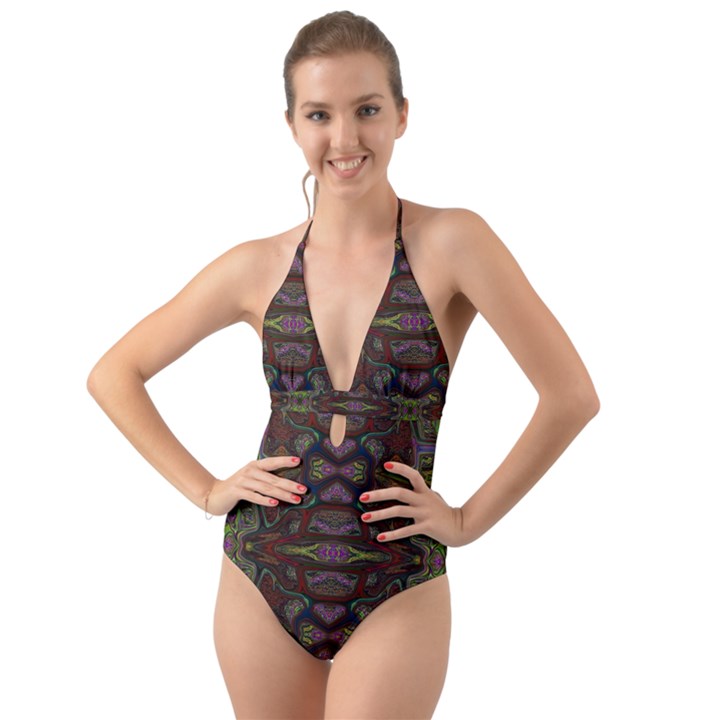 Pattern Abstract Art Decoration Halter Cut-Out One Piece Swimsuit