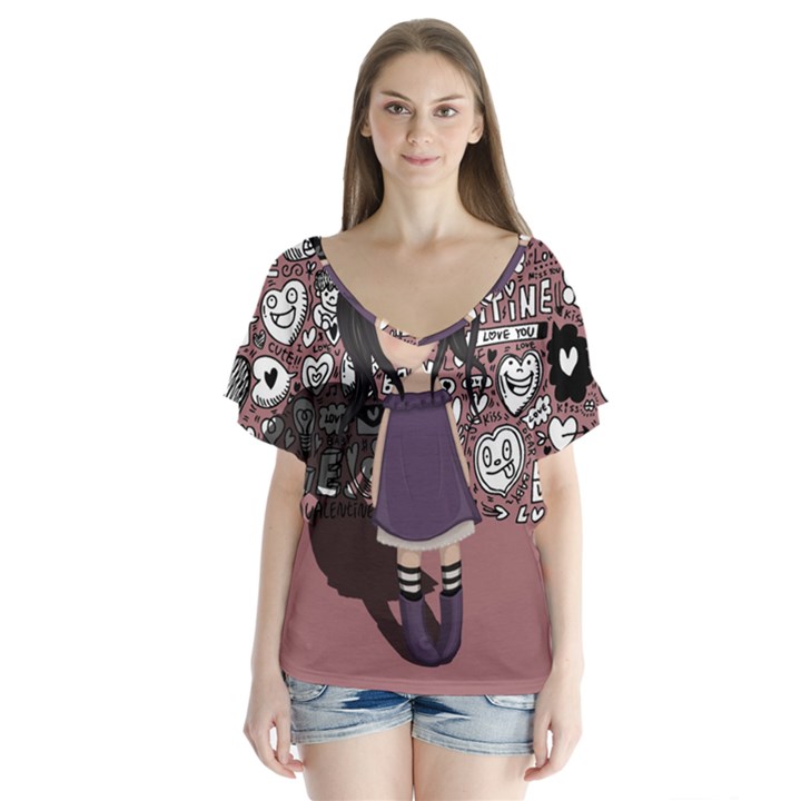 Dolly girl in purple V-Neck Flutter Sleeve Top