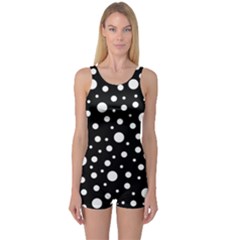 White On Black Polka Dot Pattern One Piece Boyleg Swimsuit by LoolyElzayat