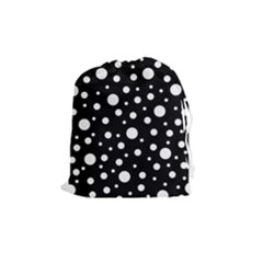 White On Black Polka Dot Pattern Drawstring Pouches (medium)  by LoolyElzayat