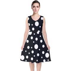 White On Black Polka Dot Pattern V-neck Midi Sleeveless Dress 