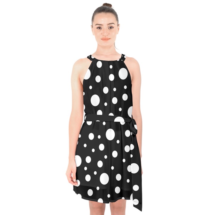 White On Black Polka Dot Pattern Halter Collar Waist Tie Chiffon Dress