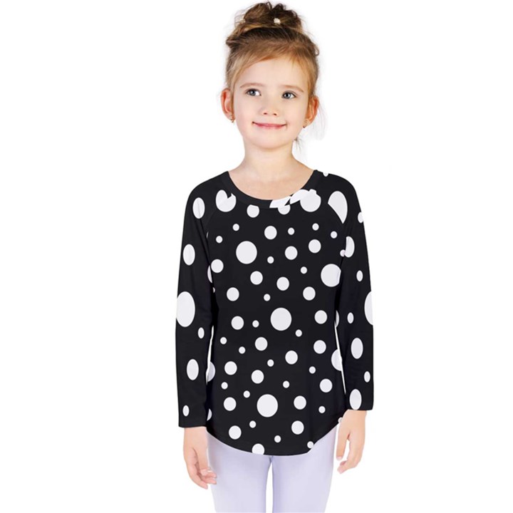 White On Black Polka Dot Pattern Kids  Long Sleeve Tee