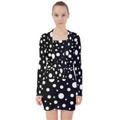 White On Black Polka Dot Pattern V-neck Bodycon Long Sleeve Dress by LoolyElzayat