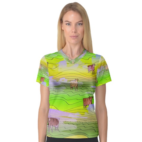 Cows And Clouds In The Green Fields V-neck Sport Mesh Tee by CosmicEsoteric