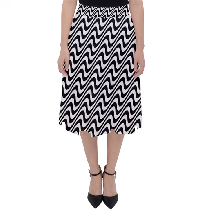 White Line Wave Black Pattern Folding Skater Skirt