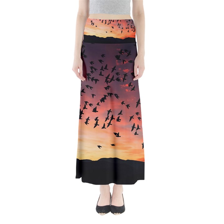 Sunset Dusk Silhouette Sky Birds Full Length Maxi Skirt