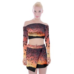 Sunset Dusk Silhouette Sky Birds Off Shoulder Top With Mini Skirt Set by Celenk