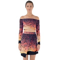 Sunset Dusk Silhouette Sky Birds Off Shoulder Top With Skirt Set by Celenk