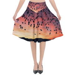 Sunset Dusk Silhouette Sky Birds Flared Midi Skirt by Celenk