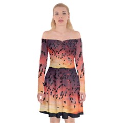 Sunset Dusk Silhouette Sky Birds Off Shoulder Skater Dress by Celenk