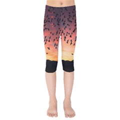 Sunset Dusk Silhouette Sky Birds Kids  Capri Leggings  by Celenk