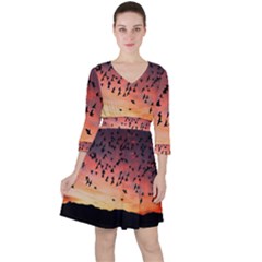 Sunset Dusk Silhouette Sky Birds Ruffle Dress by Celenk