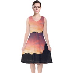 Sunset Silhouette Sun Sky Evening V-neck Midi Sleeveless Dress 