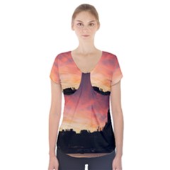 Sunset Silhouette Sun Sky Evening Short Sleeve Front Detail Top by Celenk